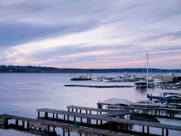 istock Sunset at a marina, docks and boats; copy space 674367960