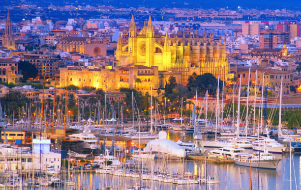 la seu (cathedral of palma) and harbour at dusk - majorca yacht marina palma imagens e fotografias de stock