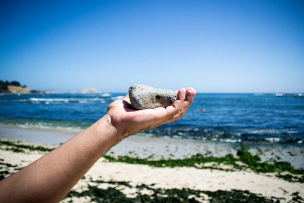 atirar uma pedra. fundo de praia - throwing stone human hand rock - fotografias e filmes do acervo