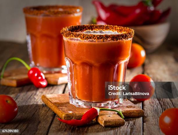 Spicy Bloody Mary Cocktail With Smoked Ground Chili Merquen Stock Photo - Download Image Now