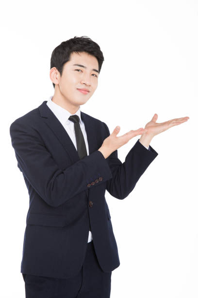 young man presenting or showing something your text or product.human emotion expression and lifestyle concept.