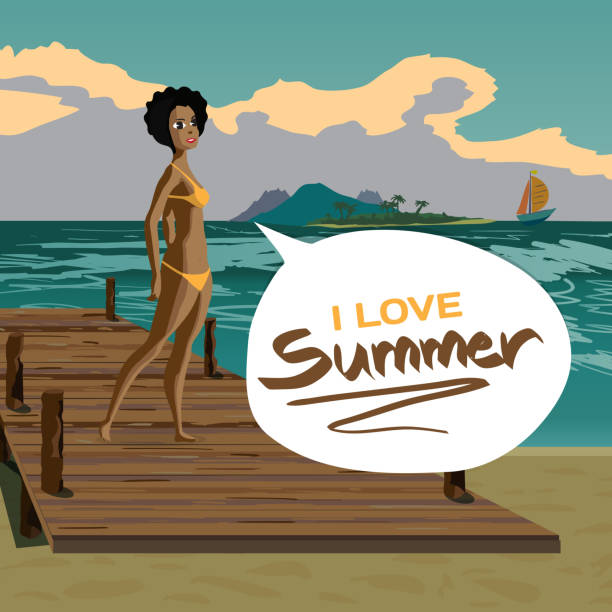 ilustraciones, imágenes clip art, dibujos animados e iconos de stock de playa de verano de paisaje del mar, viejo muelle de madera, afro mujer negro - swimwear vector non urban scene text