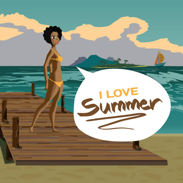 ilustrações, clipart, desenhos animados e ícones de praia de verão paisagem do mar, o velho cais de madeira, mulher negra afro - swimwear vector non urban scene text