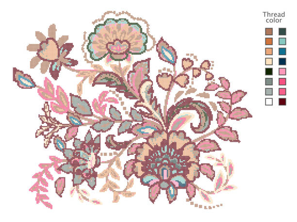 istock Cross Stitch Flowers. Ready-made template for cross stitching. Catalog of used thread colors. Vector 674420500