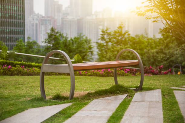 istock Bench in a park on sunny day 674427496