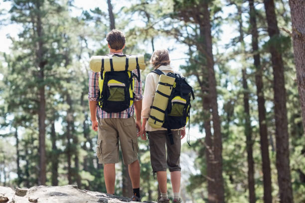istock Rear view of couple standing on rock while hiking 674431156