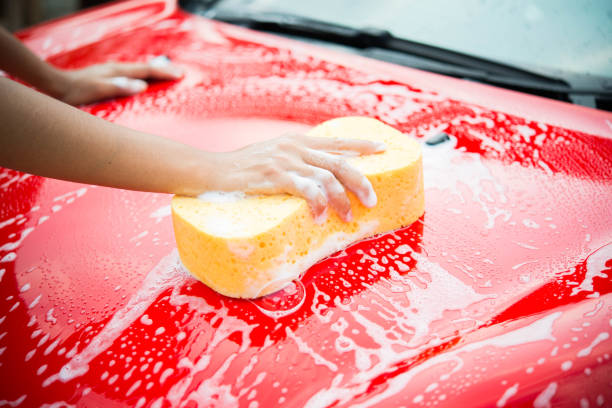 istock hand with yellow sponge washing car 674435486