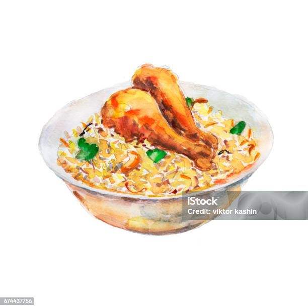 The Chicken Fry Rice National Dish Isolated On White Background Watercolor Illustration In Handdrawn Style Stock Illustration - Download Image Now