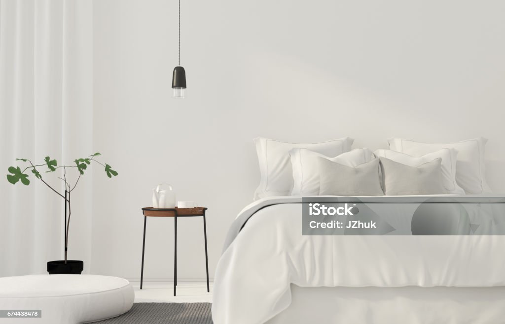 Minimalistische weiße Schlafzimmer - Lizenzfrei Schlafzimmer Stock-Foto