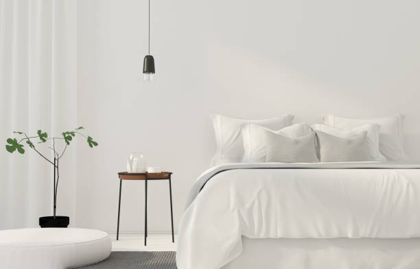 Minimalistic white bedroom 3D illustration. Minimalistic white bedroom with a wooden table bedding stock pictures, royalty-free photos & images
