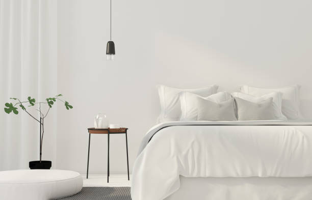 minimalistic white bedroom - showcase interior inside of domestic room indoors imagens e fotografias de stock