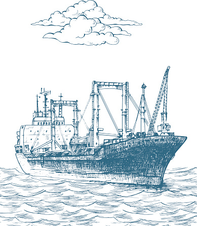 Cargo ship, reefer Forward. Vector illustration. Traced image. It can be used as background on the web site or in the design of postcards, leaflets and other printed products