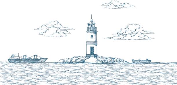 Tokarevskiy lighthouse in Vladivostok. Tokarevskiy lighthouse in Vladivostok. Vector illustration. Traced image. Sea. It can be used as background on the web site or in the design of postcards, leaflets and other printed products pen and ink stock illustrations