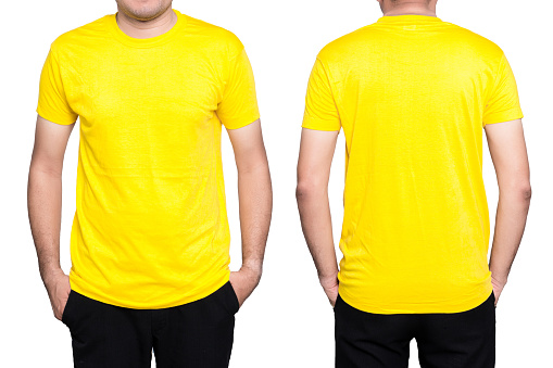 Handsome  man in a blank yellow t-shirt  isolated on white background.