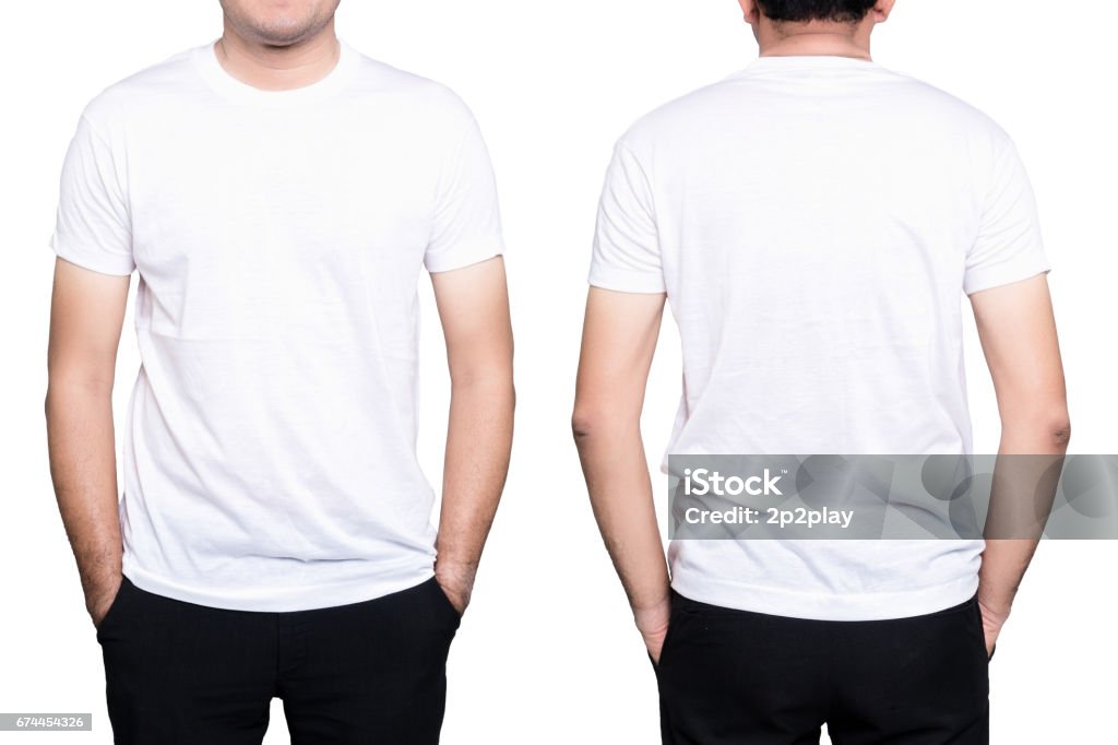 Man white t-shirt Handsome  man in a blank white t-shirt  isolated on white background. T-Shirt Stock Photo