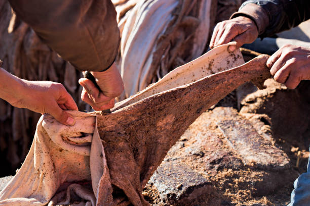 Cutting leather tanning medina Morocco