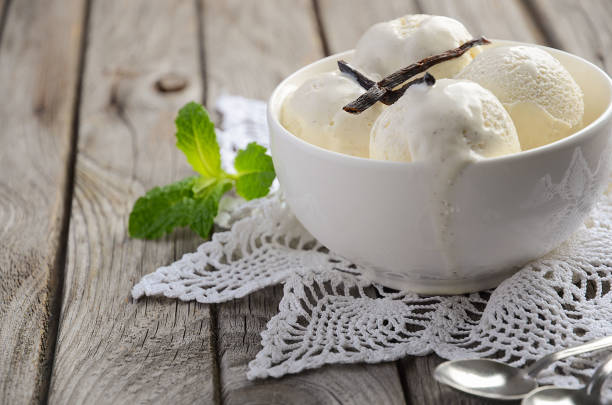 istock Vanilla ice cream in white bowl on rustic wooden background 674469980