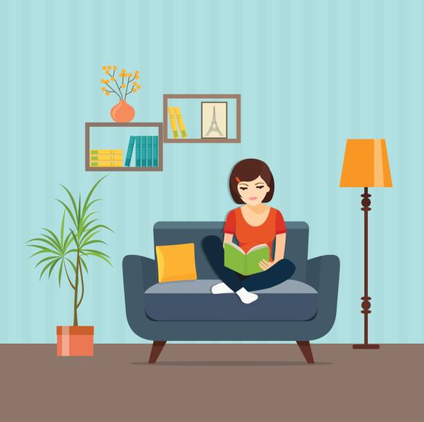 dziewczyna relaks na krześle czytania książki w domu. wektorowa płaska ilustracja - book sofa women bookshelf stock illustrations