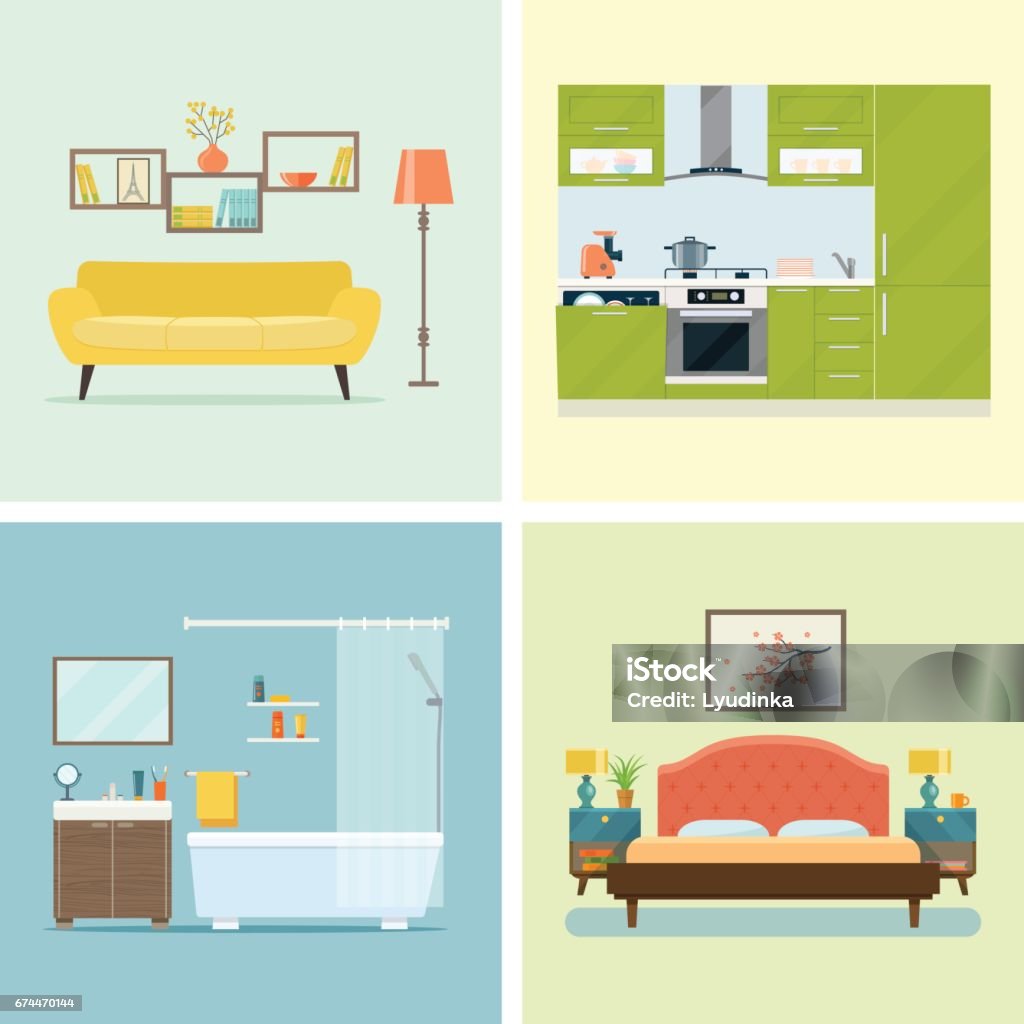 Set Of Interior Design Room Vector Flat Illustration Stock Illustration ...