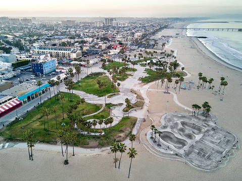 Aerial view of empty pools in skate park on Venice Beach, California.