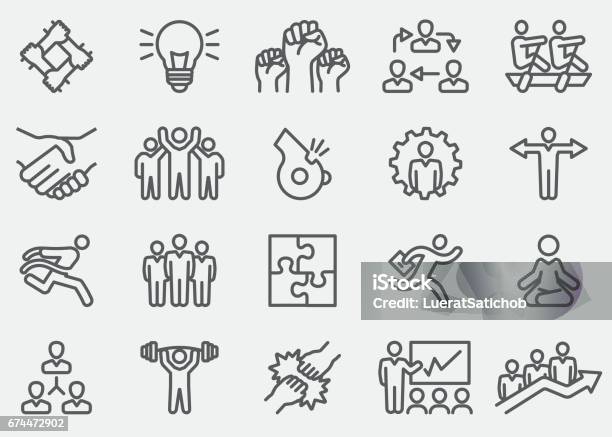 Business Teamwork Line Icons Eps 10 Stock Illustration - Download Image Now - Icon Symbol, Protest, Arms Raised