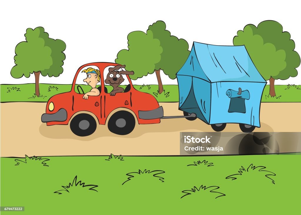 O reboque. Motorista com um cão andar de carro com uma tenda no reboque. Ilustração em vetor dos desenhos animados - Vetor de Carro royalty-free