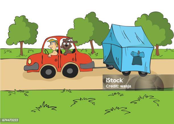 Vetores de O Reboque Motorista Com Um Cão Andar De Carro Com Uma Tenda No Reboque Ilustração Em Vetor Dos Desenhos Animados e mais imagens de Carro