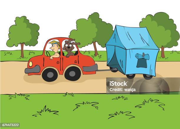 The Trailering Driver With A Dog Ride In The Car With A Tent On The Trailer Cartoon Vector Illustration Stock Illustration - Download Image Now