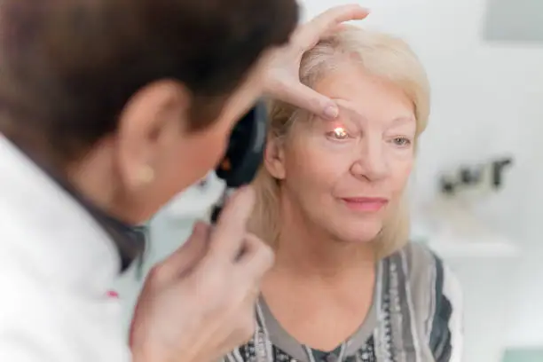 Photo of Optician looking into patients eyes