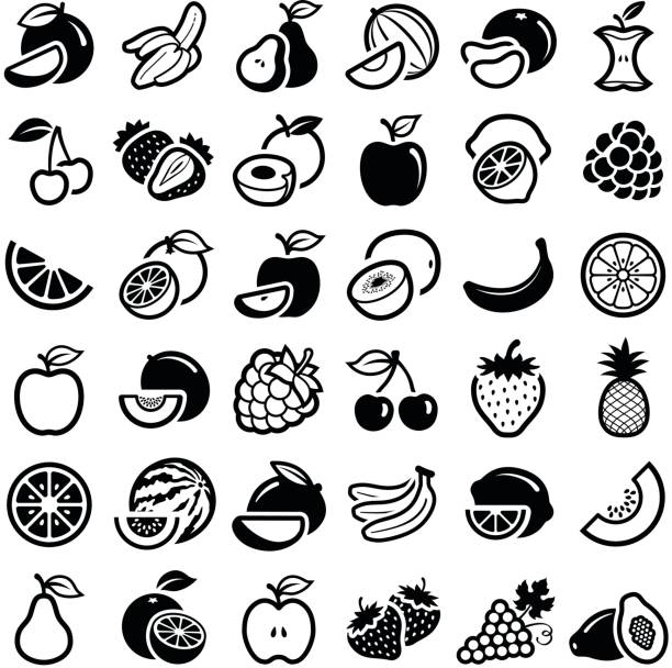 ilustraciones, imágenes clip art, dibujos animados e iconos de stock de iconos de frutas - apple sign food silhouette