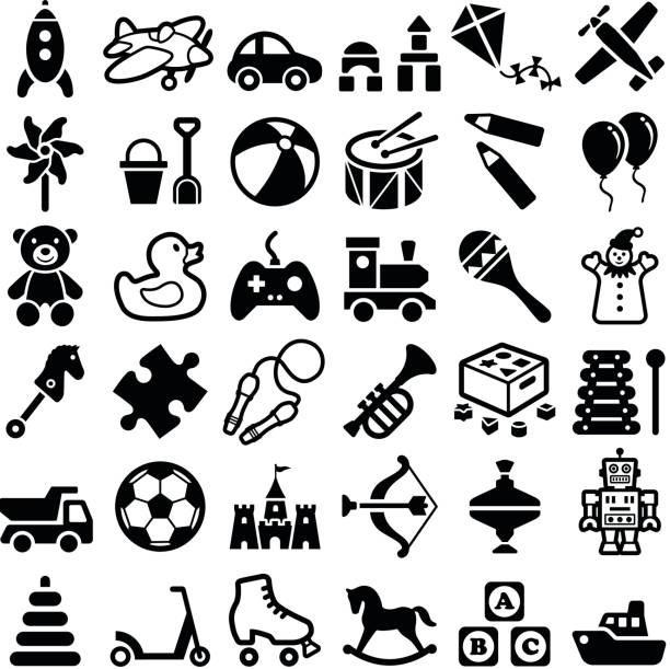 Toy icons Toy icon collection - vector outline illustration and silhouette toy vehicle stock illustrations