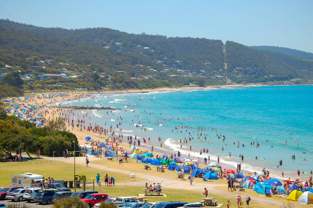 Beach - Lorne Vacationers enjoy the refreshing water in a summer heat wave on the beach of Lorne in Victoria, Australia lorne stock pictures, royalty-free photos & images