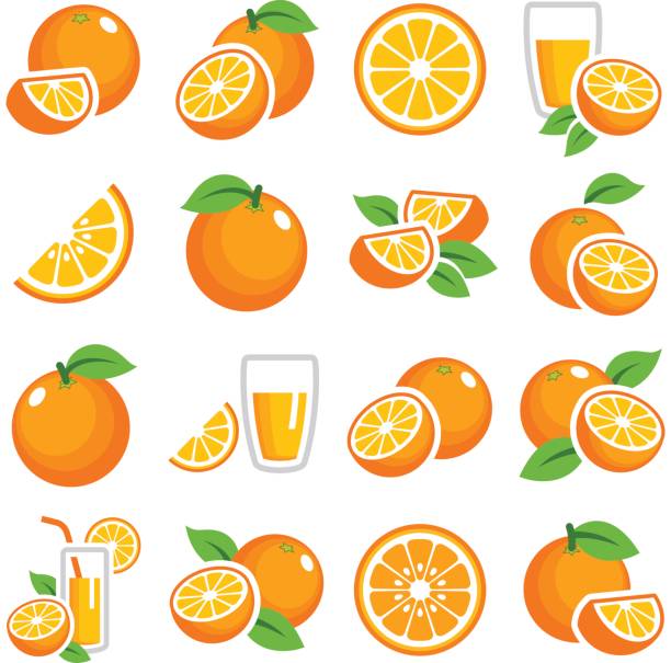 Orange fruit Orange fruit icon collection - color vector half full illustrations stock illustrations