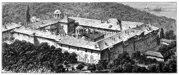 아토스 산에 xeropotamou의 수도원 - greece mediterranean sea monastery byzantine stock illustrations