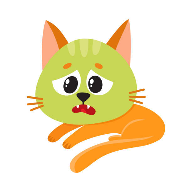 고양이, 새끼 고양이가 위장에 아프다, 메스꺼움에서 녹색, 거짓말 - domestic cat illness humor vomit stock illustrations