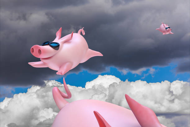 istock Funny flying piggies. Sky divers 674497878