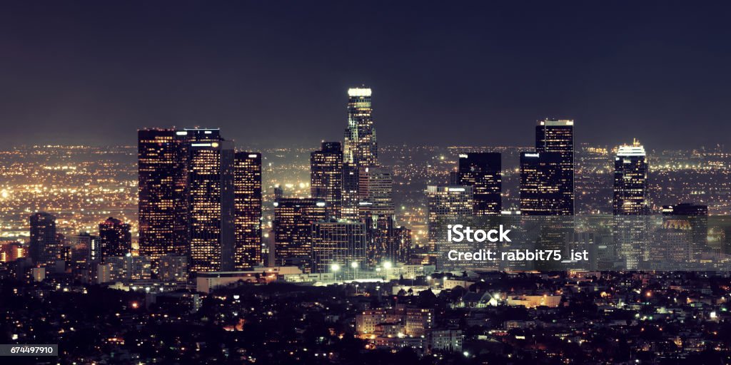 Los Angeles at night Los Angeles downtown buildings at night Architecture Stock Photo