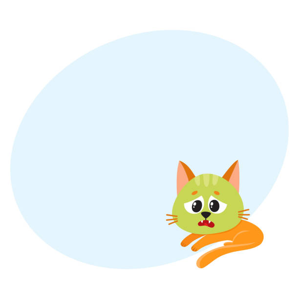 illustrazioni stock, clip art, cartoni animati e icone di tendenza di gatto, gattino che si sente male allo stomaco, verde dalla nausea, sdraiato - domestic cat illness humor vomit