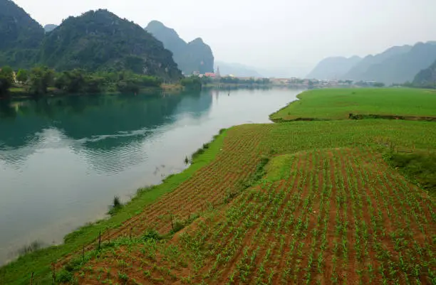 Amazing natural landscape at Quang Binh, Viet Nam on day, boat moving on river,  riverside house with mountains behind, green field beside water, beautiful scene for Vietnam travel