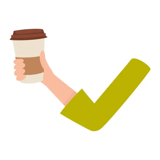 Vector illustration of Woman arm, hand holding coffee cup, breakfast, morning energy boost
