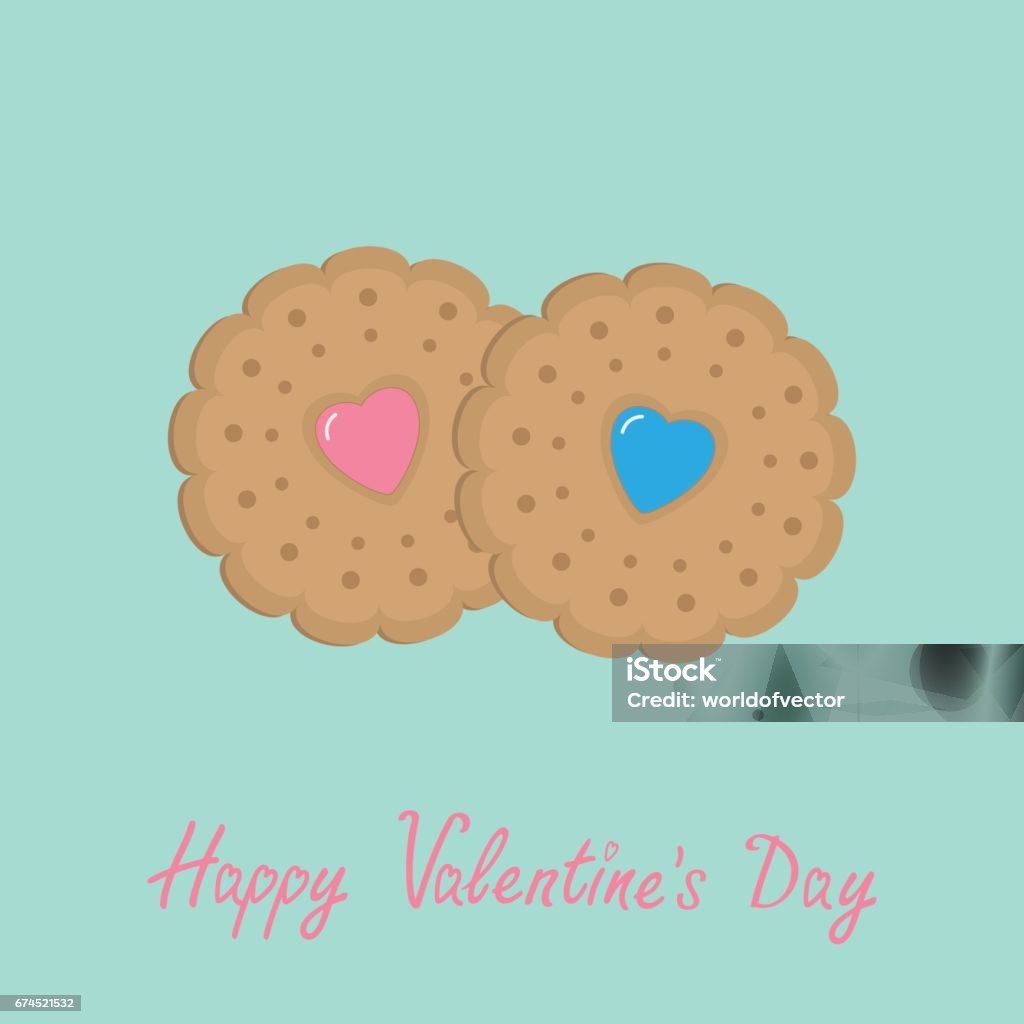 Two Biscuit Cookie Cracker With Pink And Blue Heart Happy Valentines Day  Stock Illustration - Download Image Now - iStock