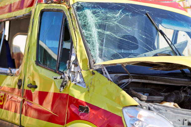 Ambulance car wrecked in collision stock photo
