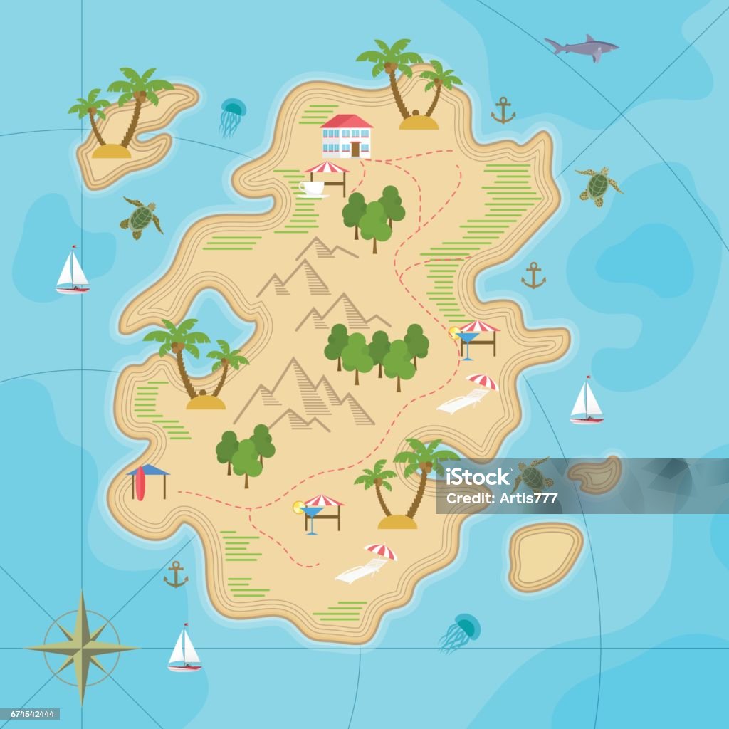 Cartoon tropical island in ocean. Top view exotic island map. Vector game design for app. Cartoon tropical island in ocean. Top view exotic island map. Vector game design for app City stock vector