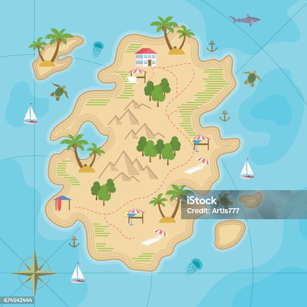 Cartoon Tropical Island In Ocean Top View Exotic Island Map Vector Game Design For App Stock Illustration - Download Image Now