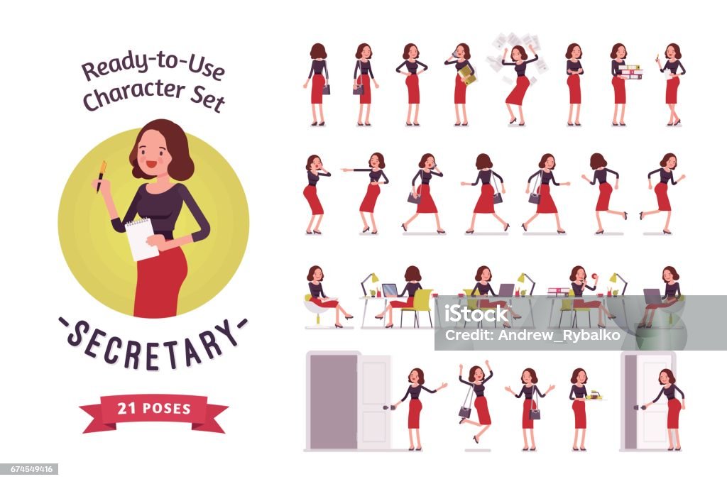 Ready-to-use young female secretary character set, different poses and emotions Ready-to-use character set. Secretary in smart casual wear. Different poses and emotions, running, standing, sitting, walking, happy, angry. Full length, front, rear view isolated, white background Secretary stock vector