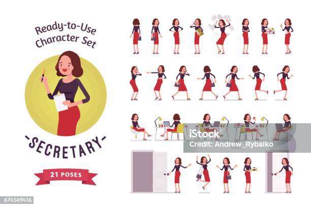 Readytouse Young Female Secretary Character Set Different Poses And Emotions Stock Illustration - Download Image Now