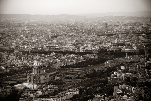 Paris city rooftop view with Napoleon's tomb in black and white.