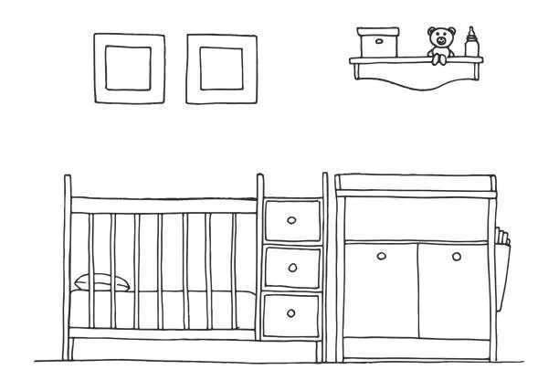 Vector illustration of Children's room. Children's furniture. Crib, changing table. Hand drawn vector illustration of a sketch style.