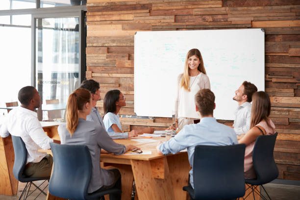 istock Woman giving a presentation at whiteboard to business team 674555310