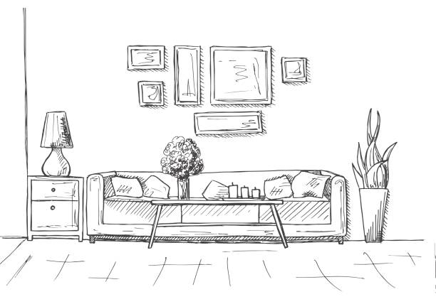 линейный эскиз интерьера. нарисованная вручную векторная иллюстрация стиля эскиза. - indoors living room inside of domestic room stock illustrations
